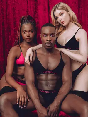 Three models wearing lingerie bra and underwear sets