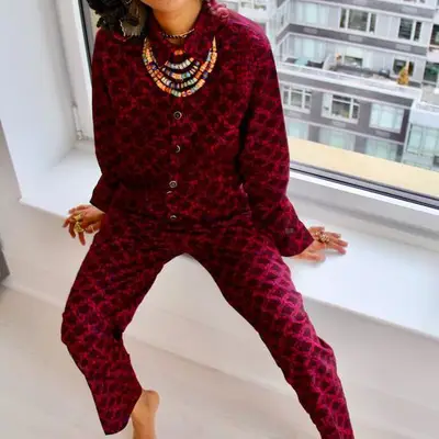 Wildfang The Essential Trouser in navy on model styled with rings