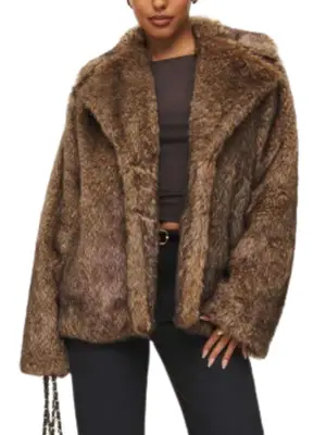 model wearing a soft brown faux fur coat