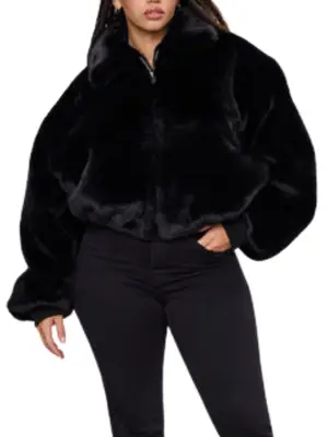 model wearing a black faux fur jacket