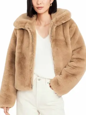 model wearing a camel faux fur jacket