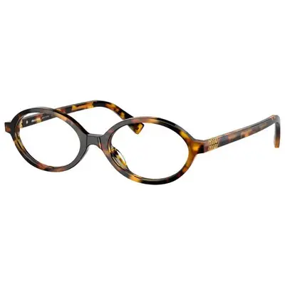 miu miu tortoiseshell oval eyeglasses against plain background