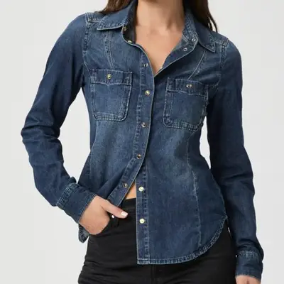 model wearing denim long sleeve top