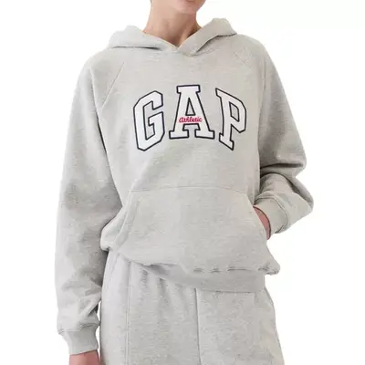 person wearing a gray gap hoodie