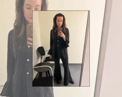 MYM Beauty editor Erika Harwood wears a sparkly Sleeper pajama set and boots