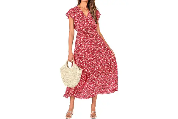 BTFBM Women Summer Bohemian Floral Casual Wrap V Neck 