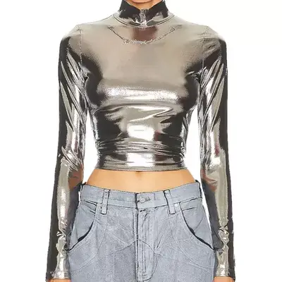 Diesel Meta Top in shiny silver with mock neck, cropped length, and long sleeves