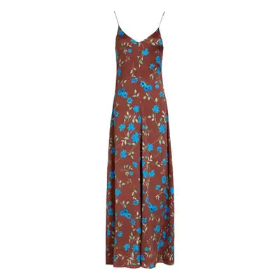 brown dress with a blue floral print