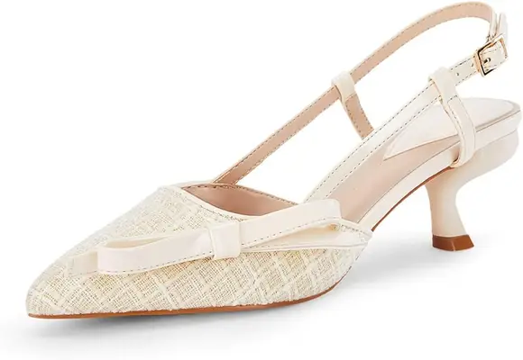 Ivory and cream tweed kitten heels with a bow