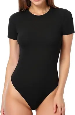 Model wearing a black short-sleeved bodysuit