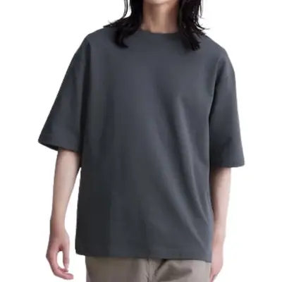 person wearing a charcoal Uniqlo shirt