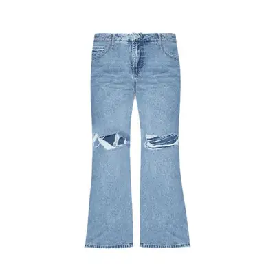 pair of light-wash flare jeans with rips at the knee
