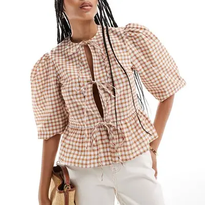 Ganni Cotton Poplin Peplum Tie Blouse in white