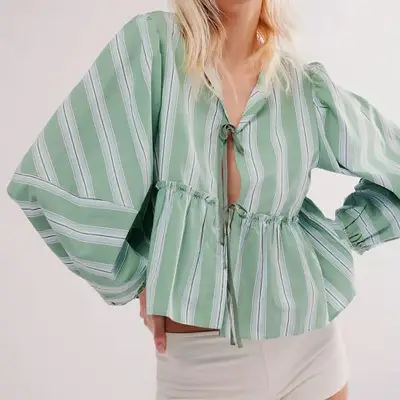 Free People Brunch Babe Blouse in white spruce combo on model