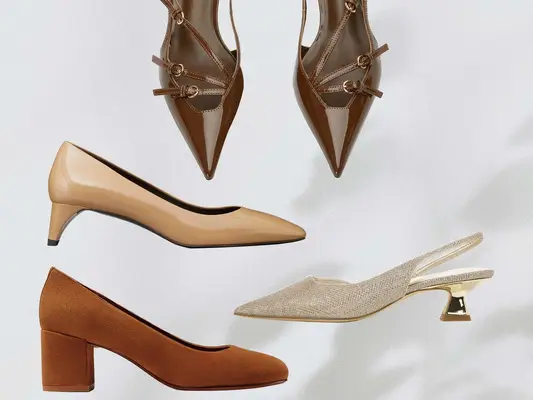 collage of popular nude heels including Margaux The Heel and others on a gray background 