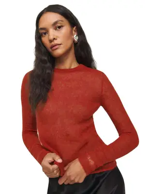 Model wearing a semi-sheer red sweater