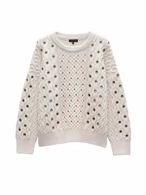 white open knit sweater with silver rivets