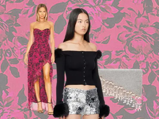 Pink Floral Sleeveless Dress, Off the Shoulder Carigan, Beaded Clutch