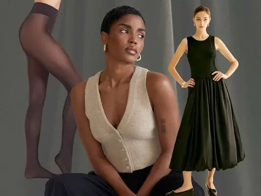 Sheer Black Tights, Black Long Bubble Dress, Button Up Sweater Vest