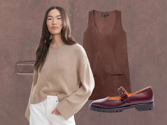 Brown Suede Dress, Maroon Mary Janes, Light Brown Sweater