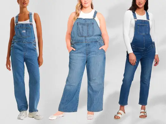 Three models wearing denim overalls, each styled differently with white tops and footwear.