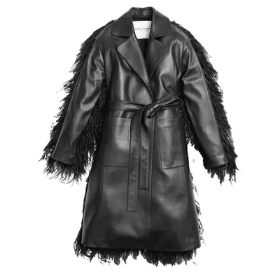 Brandon Blackwood The Sena Trench in black leather with feather trim