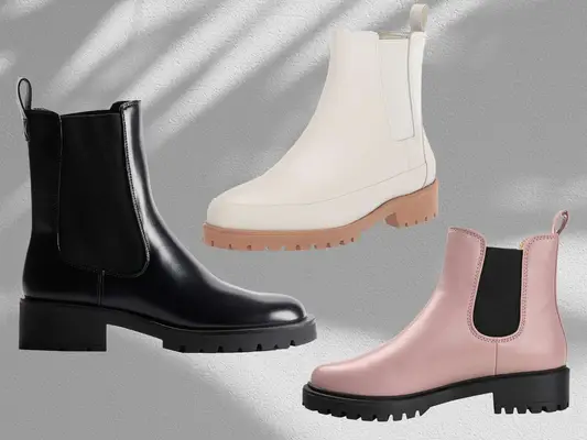 collage of Chelsea boots including H&M, Journee Collection Kenova, and Rebecca Allen All-Weather Boot on a neutral background