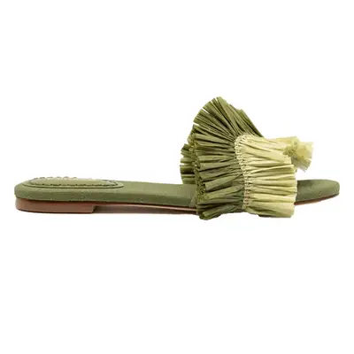 Larroude Ivy Fringe Flat in seaweed raffia
