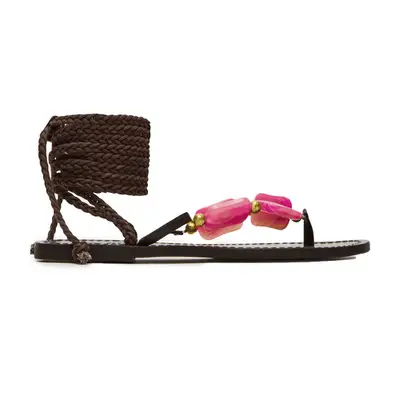 Steve Madden Tasha Pink Multi sandal in brown with rope ankle strap and pink beading