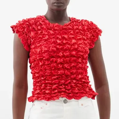 Super Yaya Crushed Popcorn Waffle-Shirred Cotton T-Shirt in red