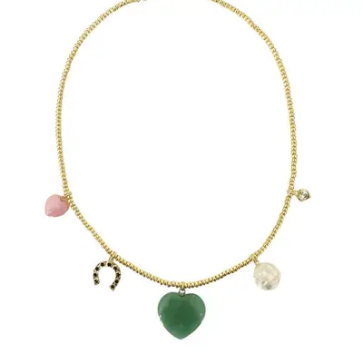 July Child Lucky Charm necklace with horseshoe, heart, and opalescent charms