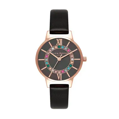 Olivia Burton Wonderland watch with black band, rose gold face, and multicolored gems