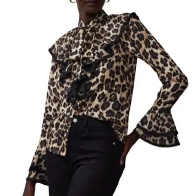New York & Company Bell Sleeve Ruffle Top in leopard print