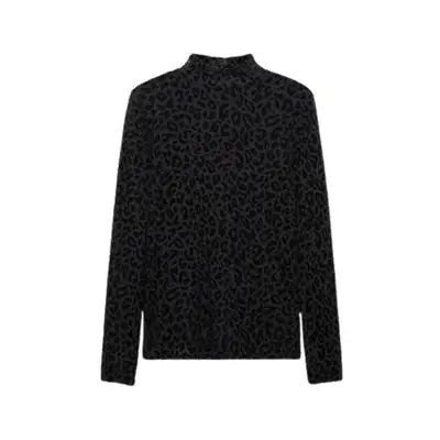 Mango Animal Print Velvet T-Shirt in black leopard print with long sleeves