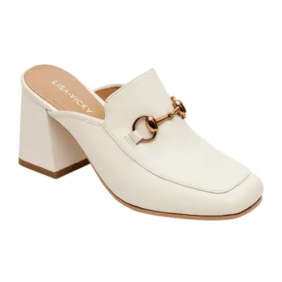 Lisa Vicky Major Bit Loafer Mule in ivory with gold buckle detail