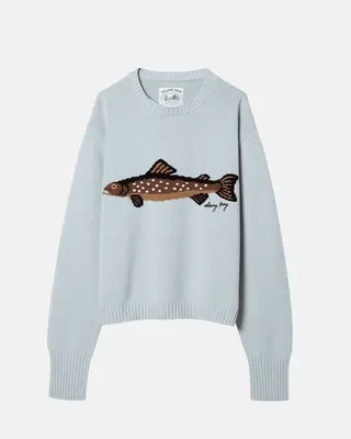 blue sweater with a fish design