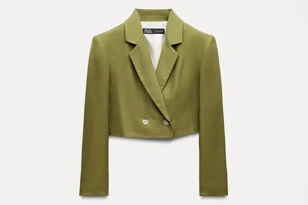 Zara LINEN BLEND DOUBLE BREASTED CROPPED BLAZER