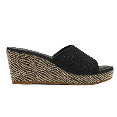 Vivaia Stacey Pro Round-Toe Wedge Sandals in black woven with zebra print base