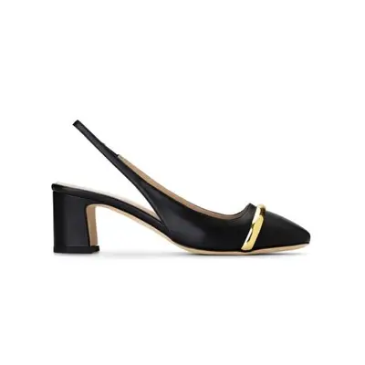 A black heel with gold on the toe