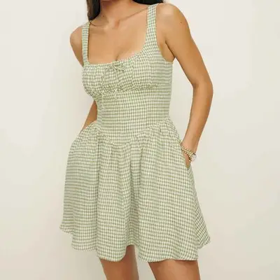 Reformation Daria Linen Dress in avocado check on model