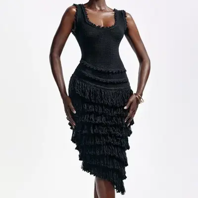 Hanifa Mia Midi Dress in black knit on model