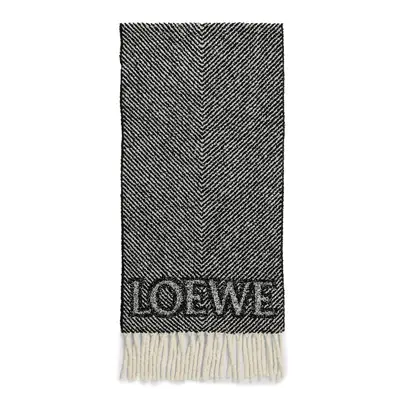 Loewe Logo Fringe Wool-Blend Scarf in black and white