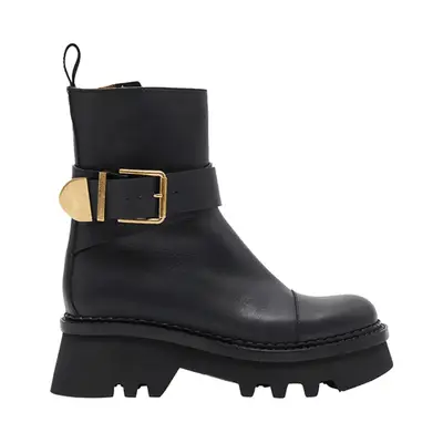 Chloe Owena Leather Buckle Boots in black with gold buckle and lug sole