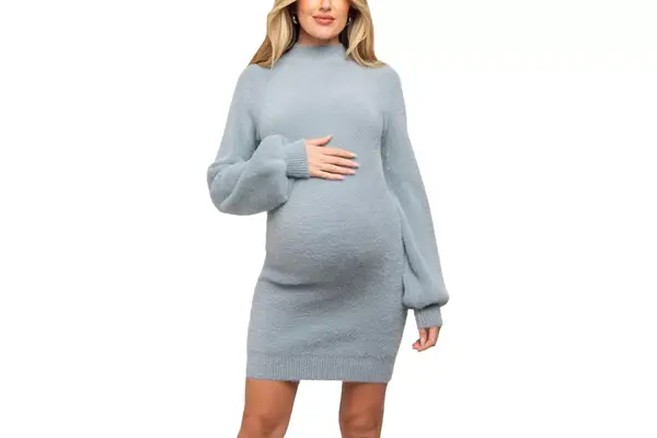Pink Blush Fuzzy Knit Puff Sleeve Maternity Sweater Dress