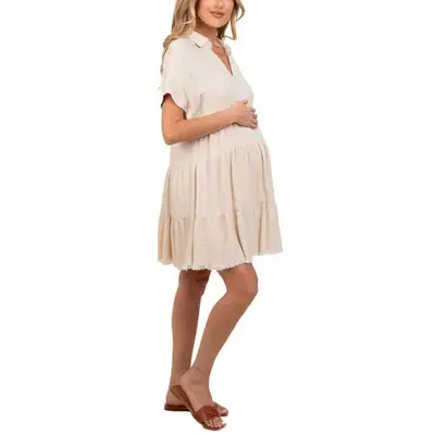 Pinkblush Cream Tiered Linen Maternity Dress
