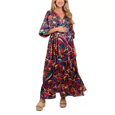 Pinkblush Black Abstract Back Tie Maternity Maxi Dress