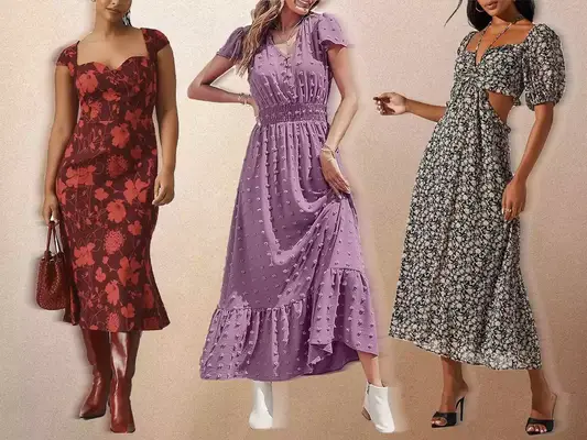Collage of three models wearing different dresses from places we recommend, including Anthropologie, Amazon, and Nordstrom, on a taupe background