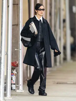 bella hadid leather pants fall fashion undercoat and tie