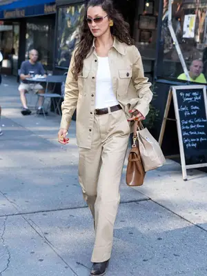 bella hadid beige outfit pants and jacket street style