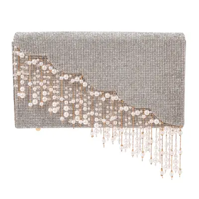 silver rhinestone sparkly handbag with dripping jewels and pearls